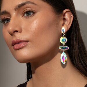 Aurora Borealis Crystal Bling Glam Tiered Drop Statement Earrings NEW